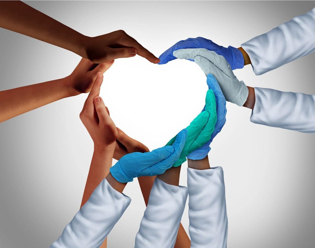 Community and Health Workers and Essential care medical group or hospital medicine teamwork as a group of doctors and nurses joining together in a heart shape with patients in a 3D illustration style.